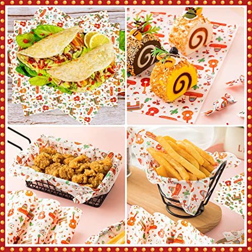 100 Pcs Fiesta Wax Paper for Food, Cinco De Mayo Wax Paper Sheets Deli Paper Sandwich Wrap Candy Wraps, Waterproof Oil-proof Picnic Basket Liners with Guitar Pattern for Kitchen Handmade Food(White) - color: Fiesta-white