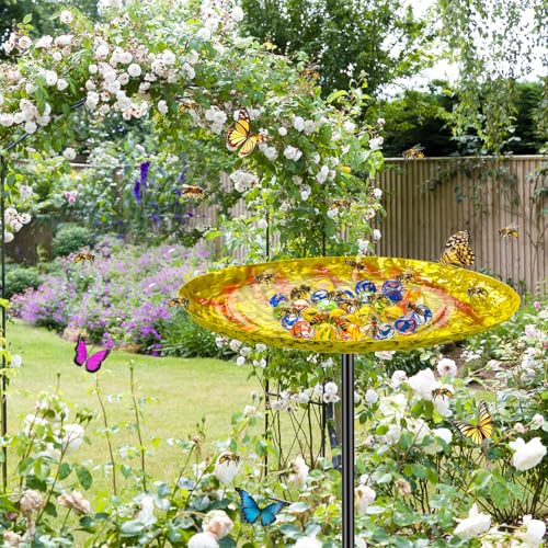Bee Butterfly Water Station, MeyRolizn Metal Butterfly Puddler with Glass Marbles, Bee Bath Butterfly Feeders with 4 Prongs Base Stake for Outdoors Garden Yard Patio Decor(Ellipse) - style: Ellipse