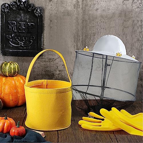 38Pcs Beekeeper hat Set Including 1Pc Bee Keeper Hat, 4Pcs Wool Felt Bee,10pcs Small Wooden Bee,Double Side Tape Yellow Beekeeping Gloves and Felt Bucket for Beekeeper Halloween Costume Adult ﻿