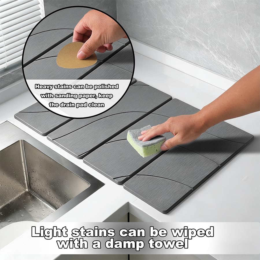 2PCS Stone Dish Drying Mat for Kitchen Counter,Collapsable Stone Dish Drying Mat with Diatomaceous Earth for Quick Drying-Ultra Absorbent-Eco-Friendly,Foldable -23.6"×15.7" Light Gray Wave Grooves - color: DKHX-Light Gray