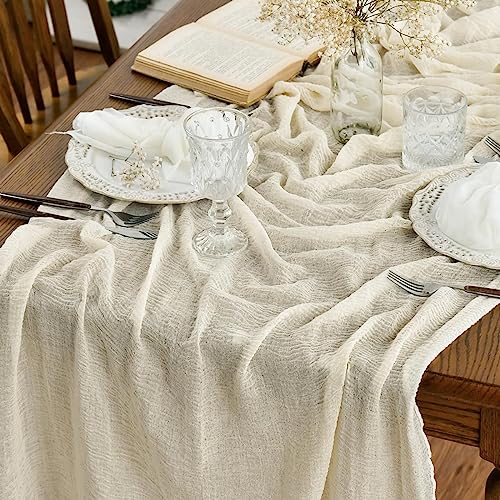 Artoid Mode Boho Cheesecloth Gauze Beige Wedding Table Runner, 160 Inch Seasonal Fabric Kitchen Dining Holiday Table Decor for Home Party Indoor - color: Beige, size: 160"