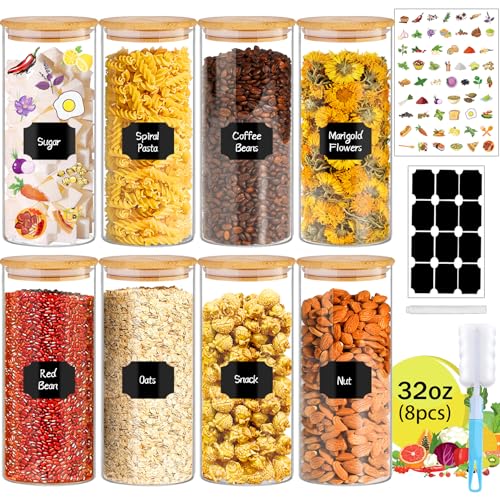 BGraceyy 32 oz 8 Pcs Glass Jars with Bamboo Lids, Stackable Clear Food Storage Jars, Airtight Kichen Glass Pantry Storage Containers with Lids for Rice, Candy, Sugar, Flour, Nuts, Cookie, Coffee Bean - size: 32 oz 8 pcs