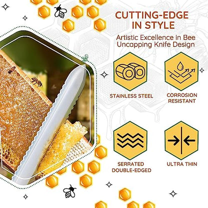 Flexzion Cold Honey Uncapping Tool - 11 Inch Serrated Uncapping Knife, Stainless Steel Honey Knife Uncapping with Ergonomic Wooden Handle, Non-Heated Honeycomb Scraper for Wax & Honey Extraction
