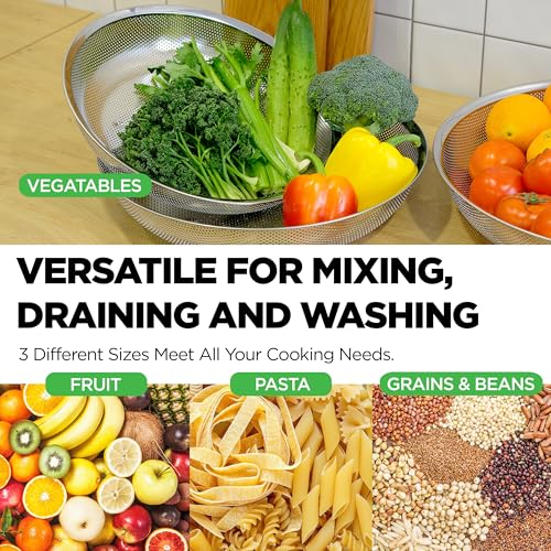 Premium 18/8 304 Stainless Steel Large Colander Set of 3, Comfortable Micro-Perforated Shallow Strainers, 5.5-7-10 Quart Tray Set, Self-Draining Solid Base for Pasta, Fruits, Vegetables - size: 5.5+7+10QT Colander