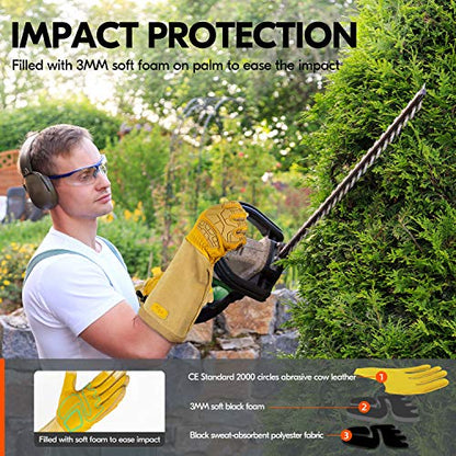 Vgo... Men's Extra-Long Leather Gardening Gloves, Gauntlet with Adjustable Cuff, Puncture & Thorn Proof, Touchscreen (CA9659) - color: 1 Pair - Yellow, size: Medium
