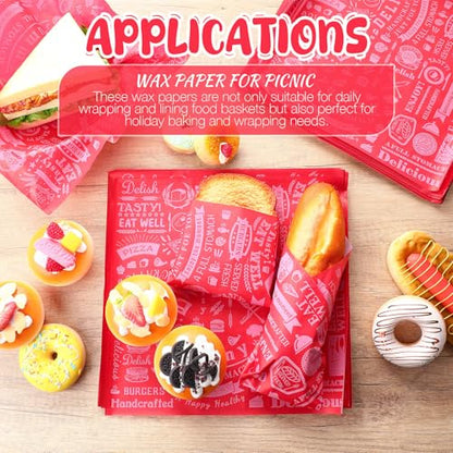 Outus 600 Pcs 12 x 12 Inch Deli Wax Paper Sheets Grease Resistant Tray Basket Liners Newsprint Paper Water and Grease Proof Sandwich Wrapping Square Hot Dog Wrappers for Food Baking (Red) - color: Red