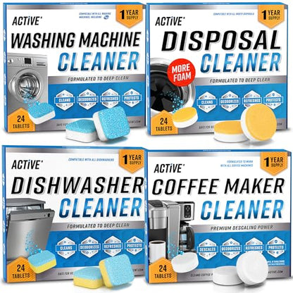 Washer Dishwasher Disposal & Coffee Cleaner Tablets - 96 Tabs Includes ACTIVE Washing Machine Cleaner, Dishwasher, Disposer, Coffee Maker Descale Tabs - Deep Clean & Refresh Appliance - 1 Year Supply - style: 96 Tablets Appliance Cleaning Bundle - Coffee