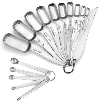 18/8 Stainless Steel Measuring Spoons Set of 16 Pieces, Includes 10 Narrow, 1 Leveler and 5 Mini Spoons - size: 16 Pieces: 15 Spoons + 1 Leveler