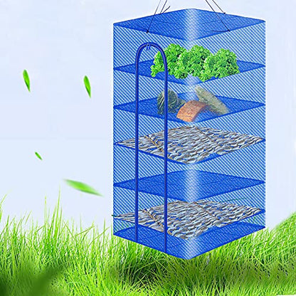 Hanging Drying Net Foldable Drying Rack Net Dryer 19.7"x19.7"x37.4" 6 Layer Folding Fish Mesh Collapsible Dry Net with Zippers for Drying Seeds Fish Vegetables Fruit Herb Food - color: Blue