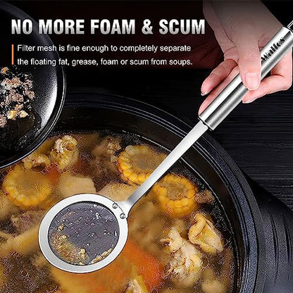 Walfos Skimmer Spoon,304 Stainless Steel Fine Mesh Strainer,Foam Strainer Oil Filter,Ultra Fine Mesh Strainer Perfect For Separation Of The Floating Foam,Fat,Set fo 2 - style: 2pcs (3") Skimmers