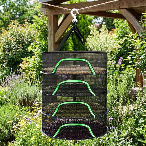 Coloch 4 Layer Herb Drying Rack with Zipper, Hanging Mesh Net with Garden Shear, Collapsible Food Drying Net for Seeds, Buds, Fruits, Vegetables, Herbs, Fish, Clothes(Black)