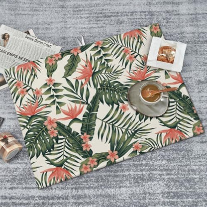 Tropical Green Palms Leaf Dish Drying Mat Pink Flower Hawaii Watercolor Floral Drying Rack Pad Countertop Dishes Ultra Absorbent Microfiber Kitchen Counter Mat 18x24 Inch - color: Green