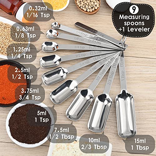 Measuring Cups and Spoons Set 17, 7 Stainless Steel Measuring Cup Set, 9 Spice Long Measuring Spoons with 1 Leveler for Kitchen and Baking, 18/8 Steel Dry Metric Measure Cups &Spoons Set - color: Siliver