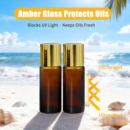Rose Quartz & Amethyst Roller Bottles for Essential Oils, 50ml Refillable Amber Glass Roll On Bottles with Natural Crystal Roller Balls, Leak-Proof Travel Perfume Bottle with Gold Caps - color: Pink+Purple