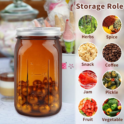 CARBLIN 2 Pack Mason Jars 32 oz, Amber Wide Mouth Canning Jars with Airtight Lids, Glass Pint Jars with Bands Labels Brush, Large Storage Quart Jars for Jam Fermenting Preserving - color: Amber