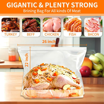 Brining Bags, 3 Pack, 26"×22", Extra Large Holds up to 35lb, Extra Large Turkey Brine Bag with 3 Cotton Strings, Double Zip-lock Seal for Turkey, Chicken, Beef, Pork, Ham, Marinade