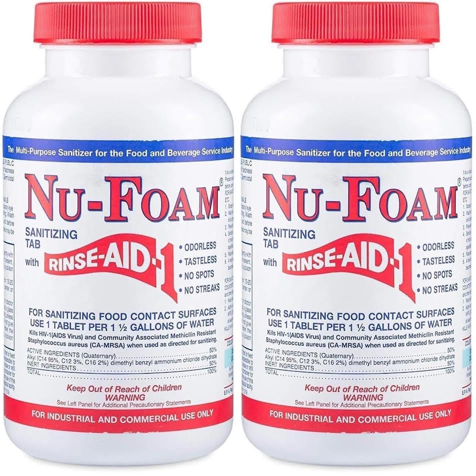 Nu-Foam Sanitizing Tablets for Bar Glassware – Superior Rinse Aid - Hand Washing Bar, Tavern, Brewery Supplies - Spotless Serving Glasses -2 Pack 200 Tablets - Makes 1,200 Quarts Sanitizing Solution - size: 100 Count (Pack of 2)