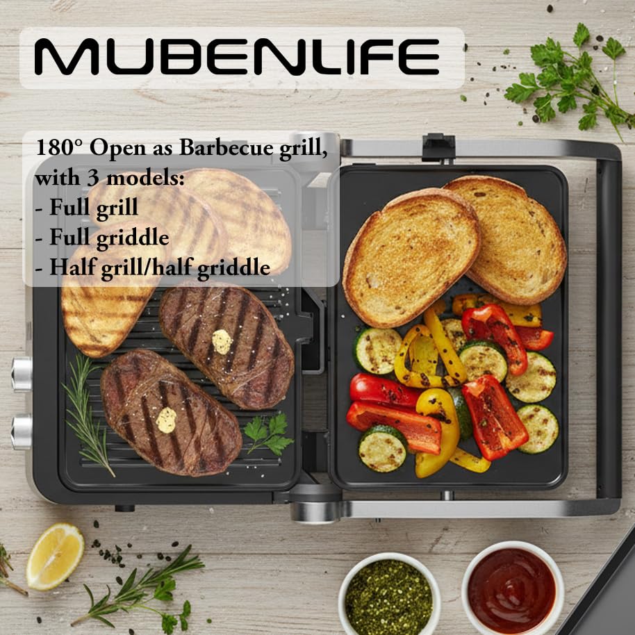 Panini Press,4 Slices Contact Grill with Removable Non-Stick Coated Grill and Flat Plates,Panini Makers with Temperature Control and Timer,Open 180 Degrees,Grill and Griddle (Half black with digital) - color: Half black with digital