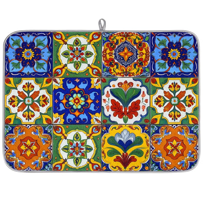 Dish Drying Mats for Kitchen - Super Absorbent Dish Dryer Mat for Countertops Microfiber Dishes Drainer Pad Hide Stain Draining Rack Mat Gadgets for Easy Clean Multi-Use 18"x24" (Mexican Tiles, M) - size: M