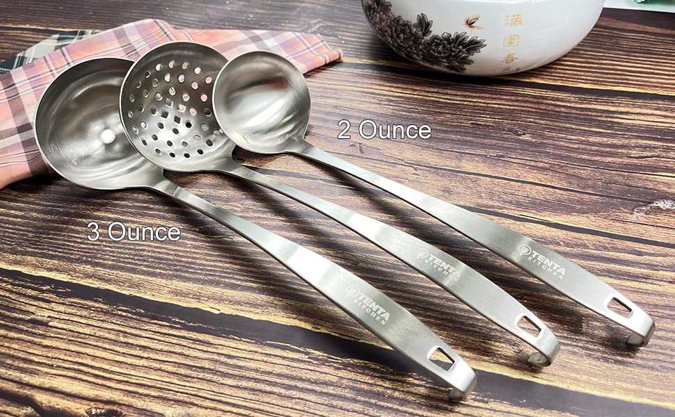 TENTA Kitchen Dia 9CM One Piece Stainless Steel Skimmer/Slotted Spoon/Strainer Ladle with Hook and Hole for Easy Hanging,11.5"x 3.6" - size: 3oz Slotted Ladle