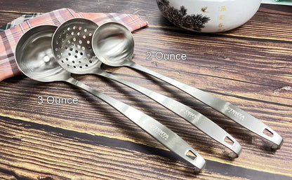TENTA Kitchen Dia 9CM One Piece Stainless Steel Skimmer/Slotted Spoon/Strainer Ladle with Hook and Hole for Easy Hanging,11.5"x 3.6" - size: 3oz Slotted Ladle