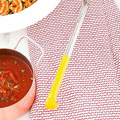 Restaurantware Met Lux 1 Ounce Soup Ladle 1 Hook Handle Serving Spoon - With Yellow Handle Dishwashable Stainless Steel Cooking Ladle For Pouring And Cooking Perfect for Soup Chilli Or Batter - size: 1 oz