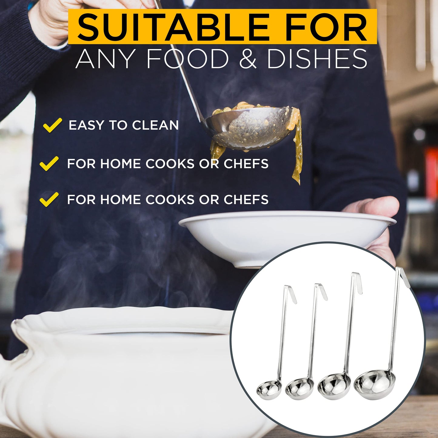 Fit Meal Prep Stainless Steel Soup Ladle One-Piece Sauce Spatula with Hook Handles, Commercial Grade Serving Spoon, Kitchen Tool for Restaurant or Home Cooking [Pack of 4] - 4oz, 6oz, 8oz, 12oz - size: 4oz 6oz 8oz 12oz