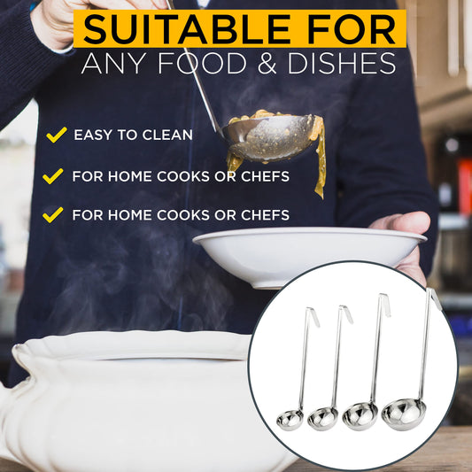 Fit Meal Prep Stainless Steel Soup Ladle One-Piece Sauce Spatula with Hook Handles, Commercial Grade Serving Spoon, Kitchen Tool for Restaurant or Home Cooking [Pack of 4] - 4oz, 6oz, 8oz, 12oz - size: 4oz 6oz 8oz 12oz